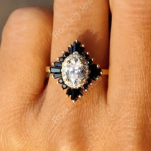 Art Deco Vintage Engagement Ring, Black Diamond Rings For Women, Starburst Ring, Gatsby Ring, Antique Wedding Ring, Gold/Silver Promise Ring