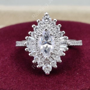 Pierścionek zaręczynowy Gatsby Double Halo, pierścionek w stylu vintage Starburst, złoty pierścionek z moissanitem w szlifie markizowym, pierścionek w stylu Art Deco w niepowtarzalnym stylu, pierścionek obietnicy