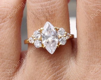 Marquise Moissanite Engagement Ring, Cluster Moissanite Ring, Art Deco Promise Rings For Women, 925 Silver Wedding Ring, Unique Ring