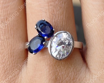 3 Stone Diamond Ring, Bezel Set Oval Sapphire Engagement Ring, Vintage Inspired Silver Ring, Triple Stone Wedding Ring, Promise Rings Women