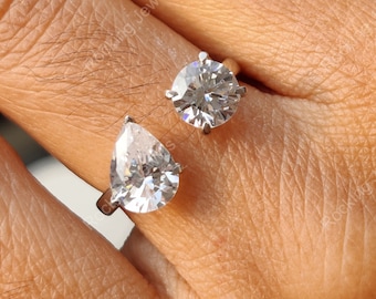 Toi Et Moi Diamond Ring, Two Stone Engagement Ring, Open Cuff Rings For Women, Dual Stone Ring, Antique Wedding Ring, Silver & Gold Ring
