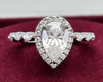 Pear Moissanite Halo Engagement Ring, Marquise Band, 925 Silver