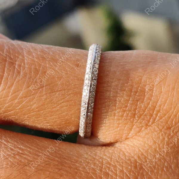 Knife Edge Moissanite Wedding Band Women, Full Eternity Stacking Band, Unique Bridal Matching Ring, 925 Silver / Gold Anniversary Bands