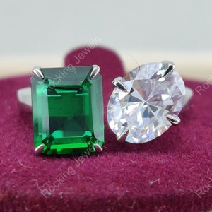 Emerald And Diamond Ring, Toi Et Moi Ring, Two Stone Engagement Ring, Dual Birthstone Ring, Open Cuff Ring, Unique Wedding Ring Silver