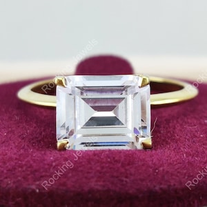East West Emerald Cut Moissanite Ring, Knife Edge East To West Engagement Ring, Horizontal Emerald Ring, 925 Silver Solitaire Promise Ring