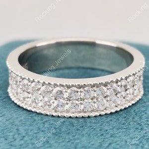 Micro Pave Moissanite Wedding Band Women, Full Eternity Diamond Ring, Vintage Art Deco Wedding Bands, Silver Stacking Rings, Girlfriend Gift