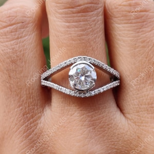 Evil Eye Rings For Women, Moissanite Solitaire Engagement Ring Silver, Split Shank Art Deco Ring, Unique Moissanite Ring, Anniversary Gifts