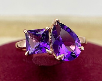 Amethyst Toi Et Moi Ring, Sterling Silver Two Stone Ring, Pear & Princess Cut