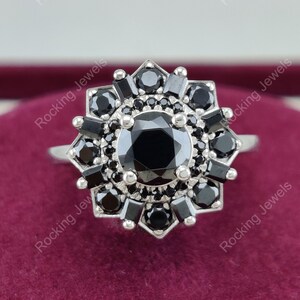 Black Diamond Engagement Ring, Black Onyx Starburst Vintage Ring, Antique Gatsby Ring, Art Deco Gold Ring, Unique Promise Rings For Women