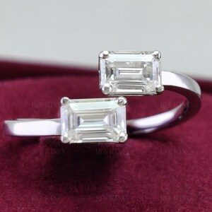 Toi Et Moi Moissanite Ring, Two Stone Engagement Ring, Open Cuff Ring, Emerald Cut Moissanite Ring, Unique Promise Rings For Women