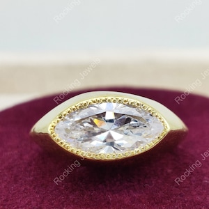 Bezel Diamond Ring, Art Deco Engagement Ring, Gold Plated Signet Ring, East West Marquise Diamond Ring, Best Promise Rings For Women Silver