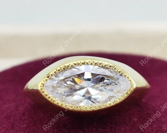 Bezel Diamond Ring, Art Deco Engagement Ring, Gold Plated Signet Ring, East West Marquise Diamond Ring, Best Promise Rings For Women Silver