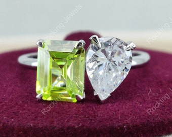 Toi Et Moi Ring, Peridot Engagement Ring, August Birthstone Ring Women, Two Stone Ring, Antique Vintage Ring, Birthday Gift, 925 Silver