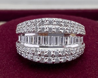 Wide Band Rings For Women, Channel Set Baguette Wide Wedding Band, 925 Silver Moissanite Wide Band, 4 Row Eternity Anniversary Band
