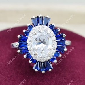 Sapphire Target Ring, Starburst Vintage Ring, Gatsby Engagement Ring, Art Deco Style Ring, Double Halo Oval Ring, 925 Silver Women&#39;s Ring