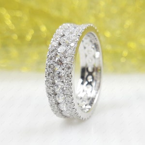 Round Cut Full Eternity Moissanite Wedding Band, Micro Pave & Channel Set Band, 6 mm Wide Promise Ring, Stacking 3 Row Anniversary Bands