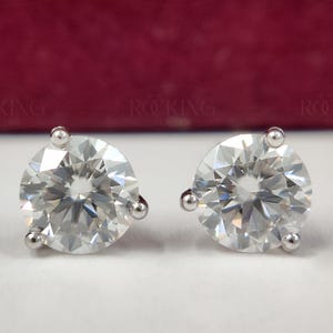3 Prongs Set Round Cut Moissanite Stud Earrings, Triple Martini Setting Moissanite Classic Studs Earrings