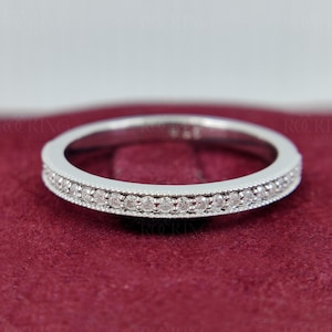 Semi Eternity Round Cut Moissanite Wedding Band, Milgrain Anniversary band For Her, Half Eternity Stacking Band, Bridal  Matching Band