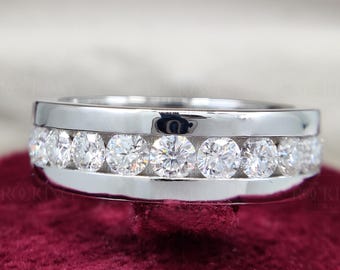Solid Gold Moissanite Ring, Mens Half Eternity Wedding Band