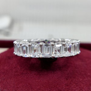 Moissanite Emerald Cut Full Eternity Band, Emerald Cut Wedding Bands Women, Matching Stackable Rings, 925 Silver Eternity Band