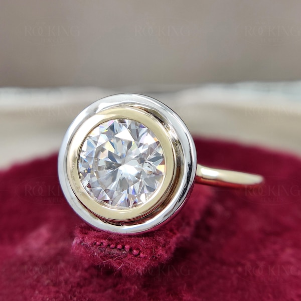 Zweifarbiger Solitärring, Lünette Set Solitärring, 10k / 14k Massivgold Moissanite Verlobungsring, einzigartige Versprechen Ringe für Frauen