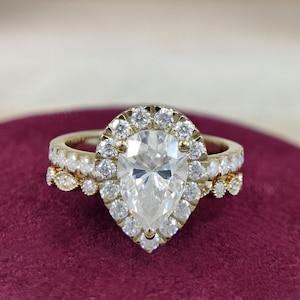 Vintage Moissanite Wedding Ring Set For Women, Pear Shaped Halo Engagement Rings Set, 925 Silver Bridal Ring Set, Unique Art Deco Sets