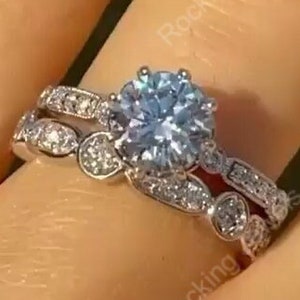 Vintage Moissanite Wedding Ring Sets, Round Moissanite Engagement Ring Set, 925 Silver Bridal Band Ring, Solitaire Rings Sets Women