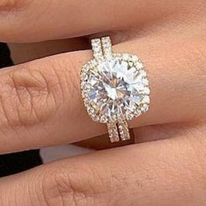 Round Moissanite Wedding Ring Set, Halo Engagement Rings Set, Bridal Sets For Women, Unique Silver Ring Set, Matching Eternity Band