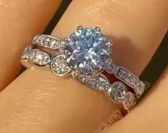 Vintage Moissanite Wedding Ring Sets, Round Moissanite Engagement Ring Set, 925 Silver Bridal Band Ring, Solitaire Rings Sets Women