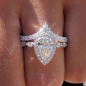 Art Deco Moissanite Bridal Ring Set, Pear Shaped Halo Engagement Ring Set, Unique Wedding Promise Ring Sets, 925 Silver & Gold Ring