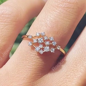 Cluster Moissanite Diamond Ring, Multi Stone Ring, Solid Gold Cluster Engagement Ring, Unique Dainty Gold Ring, Stackable Rings For Women