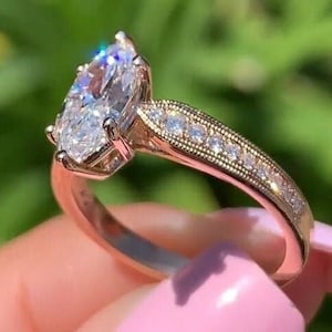 Marquise Moissanite Ring, Art Deco Marquise Engagement Ring, Vintage Moissanite Ring For Women, 925 Silver Milgrain Ring, Anniversary Gift