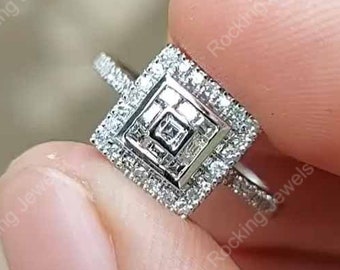 Square Double Halo Engagement Ring, Moissanite Cluster Ring, Unique Multi Stone Ring, Solid Gold Wedding Ring, Art Deco Style Ring Women