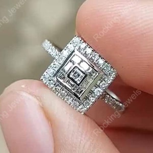 Square Double Halo Engagement Ring, Moissanite Cluster Ring, Unique Multi Stone Ring, Solid Gold Wedding Ring, Art Deco Style Ring Women