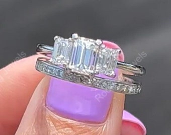 Moissanite Emerald Cut Wedding Ring Set, Moissanite Three Stone Engagement Ring Sets, Unique Bridal Sets For Women, Triple Stone Silver Ring