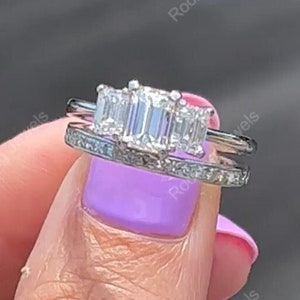 Moissanite Emerald Cut Wedding Ring Set, Moissanite Three Stone Engagement Ring Sets, Unique Bridal Sets For Women, Triple Stone Silver Ring