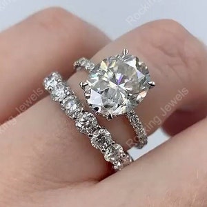 Oval Bridal Wedding Ring Set For Women, Matching Full Eternity Band, Solitaire Engagement Ring With Stacking Band, Silver Moissanite Ring