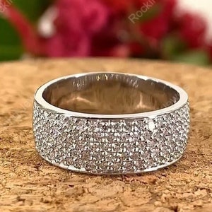 Wide Moissanite Wedding Bands Women, Five Row Full Eternity Band, Micro Pave Set Anniversary Band, 925 Silver Moissanite Wide Band