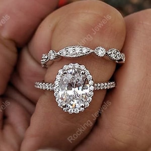 Art Deco Vintage Bridal Ring Set, Oval Halo Moissanite Engagement Ring Set, Unique Wedding Sets Women, Matching Band Ring