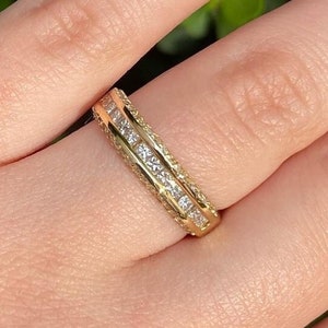 3 Row Moissanite Wedding Band, Triple Row Half Eternity Band Women, Unique Stacking Ring,  Anniversary Rings, 10K/14K Gold Bridal Band