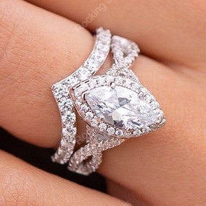 Marquise Cut Moissanite Wedding Ring Set, Moissanite Halo Engagement Ring Set, Bridal Ring Sets For Women, 925 Silver Twisted Promise Ring