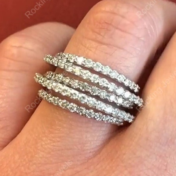 Multiple Row Moissanite Ring, Crossover Multi Layered Ring, Criss Cross Wedding Ring, 5 Row Cocktail Rings For Women, Unique Diamond Ring