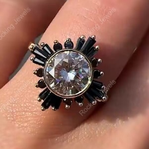 Black Diamond Engagement Ring, Black Onyx Gatsby Ring, Starburst Vintage Rings For Women, 925 Silver Bezel Set CZ Ring, Art Deco Unique Ring