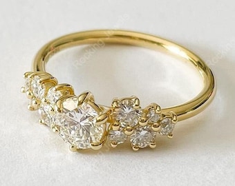 Solid Gold Moissanite Cluster Ring, Dainty Multi Stone Wedding Band