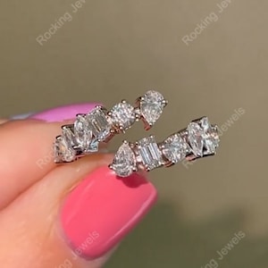 Open Mixed Cut Finger Wrap Stackable Rings, Multi Stone Moissanite Open Cuff Wedding Band, Unique Bridal Matching Band, Promise Ring For Her