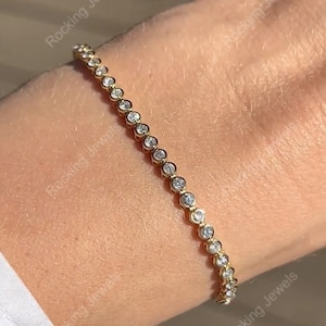 Bezel Set Round Full Eternity Tennis Bracelet, Stacking Moissanite Bridal Bracelet, Moissanite Bracelet For Women, Yellow Plated Bracelets
