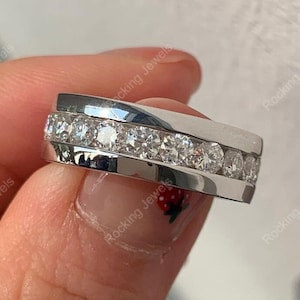 Solid Gold Mens Moissanite Ring, Mens Moissanite Wedding Band, Channel Set Half Eternity Ring, Unique Anniversary Ring, Promise Ring For Him