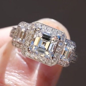 Asscher Cut Moissanite Ring, Art Deco Vintage Ring, Vintage Filigree Ring, 3 Stone Halo Engagement Ring, Edwardian Style Ring, Promise Ring