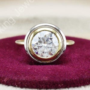 Two Tone Solitaire Ring, Bezel Set Solitaire Ring, 10k/14k Solid Gold Moissanite Engagement Ring, Unique Promise Rings For Women