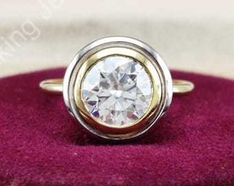 Two Tone Solitaire Ring, Bezel Set Solitaire Ring, 10k/14k Solid Gold Moissanite Engagement Ring, Unique Promise Rings For Women